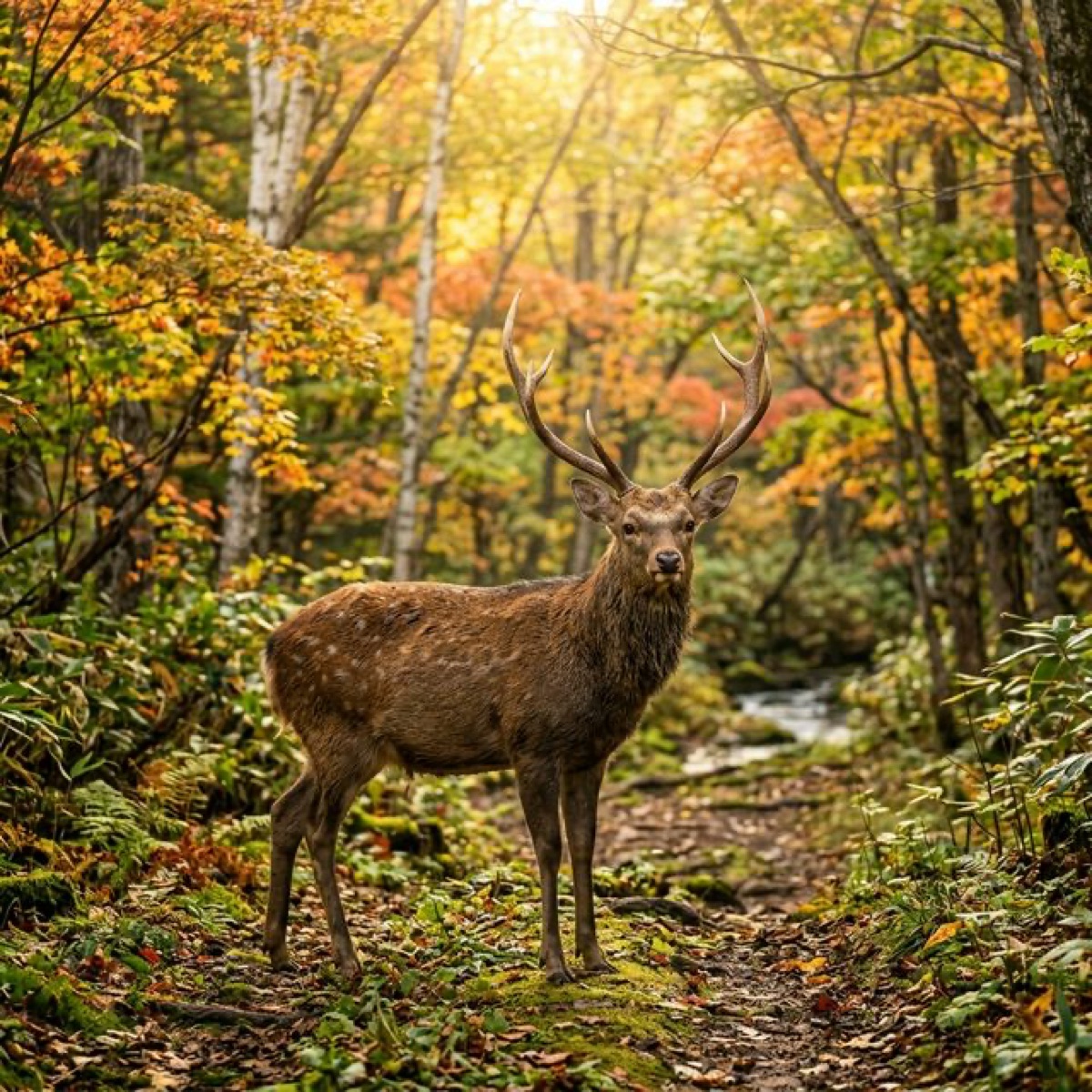 北海道の森に佇むエゾシカ