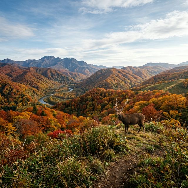 北海道新得町のエゾ鹿と秋の景色
